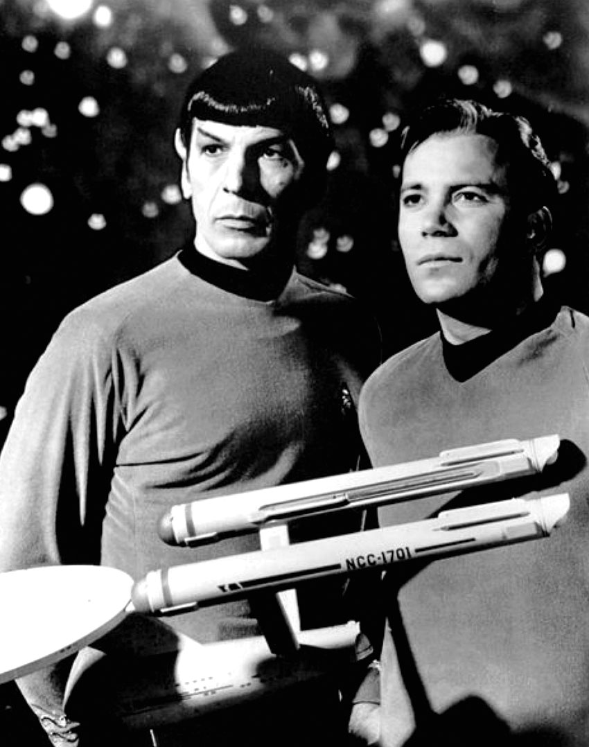 A publicity photo of Leonard Nimoy (l) and William Shatner as “Mr. Spock” and “Captain Kirk” from the television program Star Trek (1968).