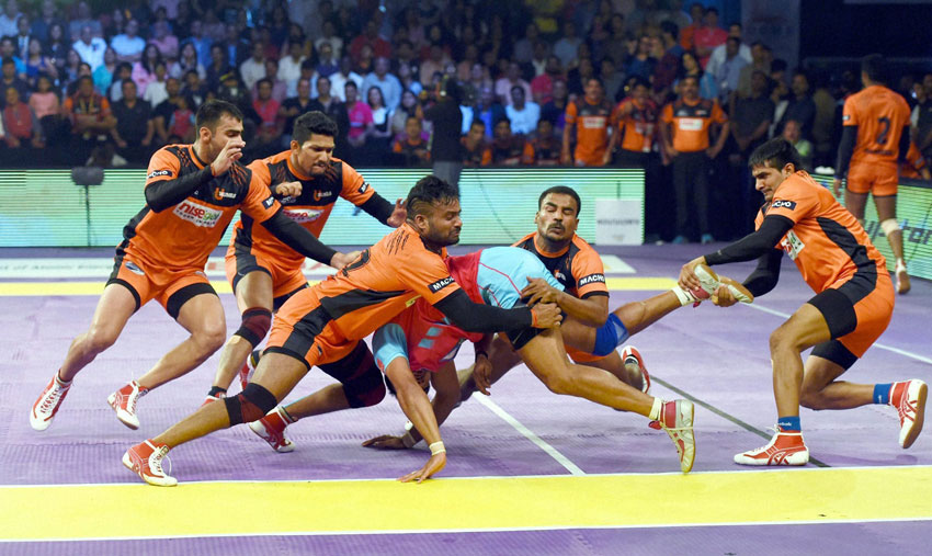 Players in action during a Pro Kabaddi League match between Jaipur Pink Panther and U Mumbai, in Mumbai, July 18. (Mitesh Bhuvad | PTI)