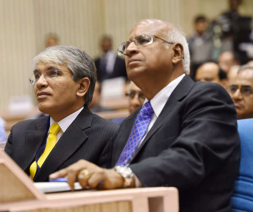 Subramanian Ramadorai, adviser to the Prime Minister of India, National Council on Skill Development, with Teamlease Services chairman Manish Sabharwal at the launch of the Skill India campaign in New Delhi, July 15. (Subhav Shukla | PTI)