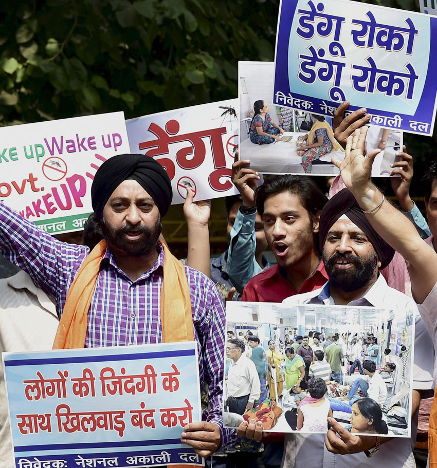 National Akali Dal activists protesting against rise in dengue cases in New Delhi, Sept. 16. (Kamal Kishore | PTI) 