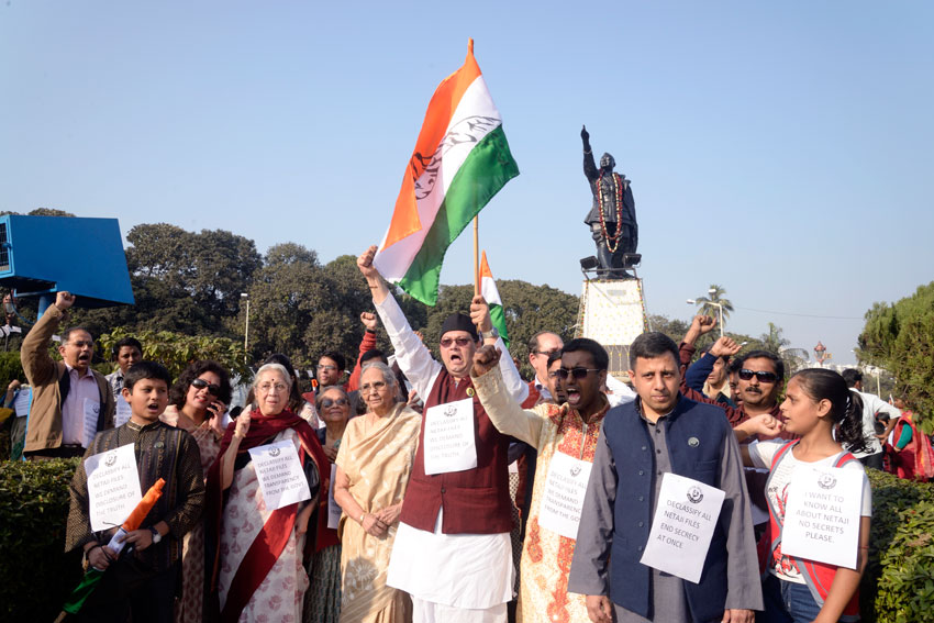 Chandra Bose, Anuj Dhar, Netaji Subhas Chandra Bose family members and other Netaji followers rallied on Netaji birth anniversary from Netaji Statue, Red Road Kolkata to Netaji Bhawan, Elgin Road Kolkata, demanding declassification of records related Netaji Subash Chandra Bose by central government and state government. (SaikatP | Getty Images) 