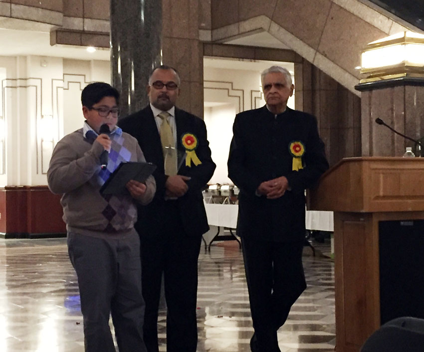 Planting Pencils founder Ishaan Patel (l) addressed state and local officials at the Republic Day celebration event held at the Legislative Office building of Hartford, CT, on Feb. 5. Ishaan was presented with an award from Milan Cultural Organization president Suresh Sharma and Bala Thiru for creating the charity. (Alliances by Alisa Media Relations) 