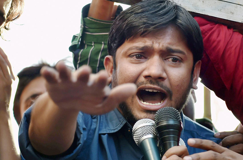 PAGE JNU 02 JNUSU president Kanhaiya Kumar addresses a students' protest march at Jantar Mantar in New Delhi, Mar. 15. (Atul Yadav | PTI)