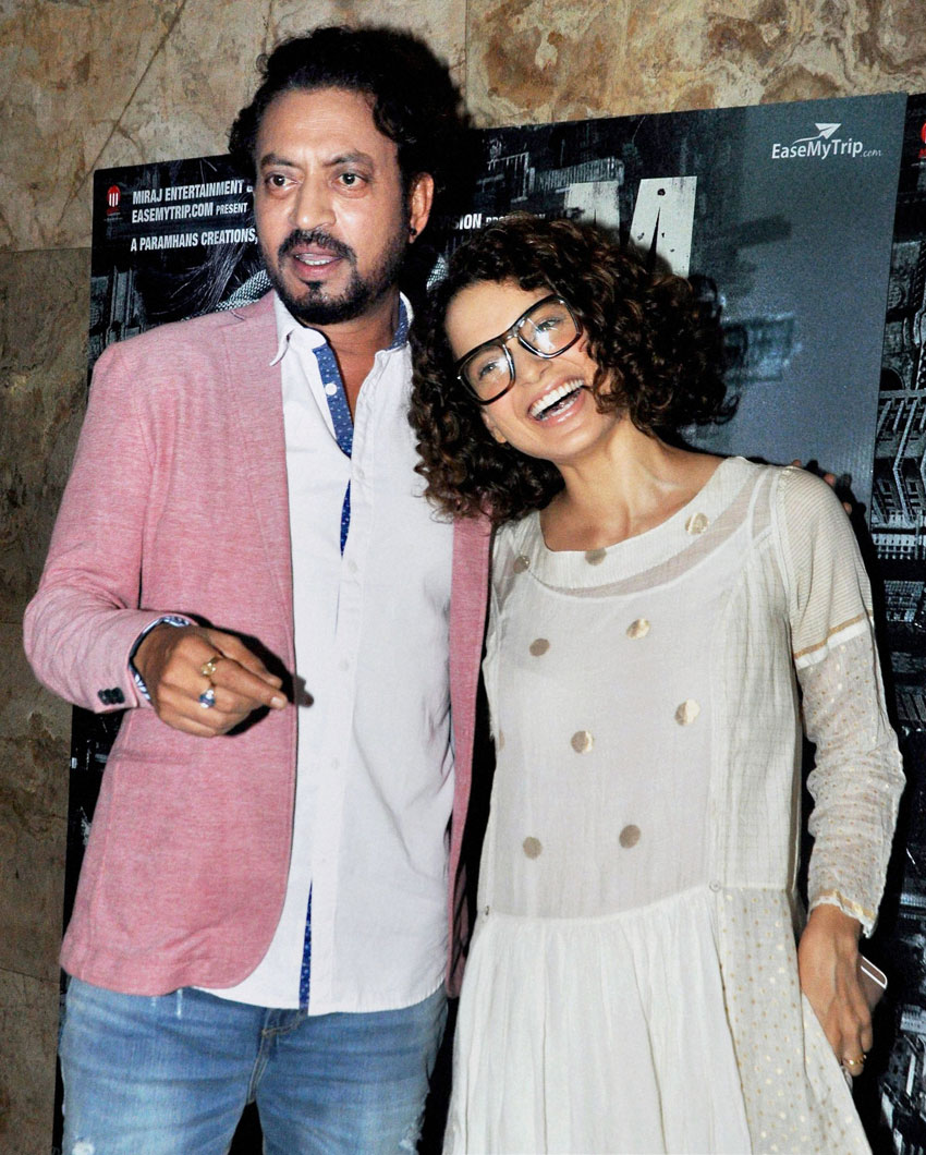 PAGE ENT IRRFAN KEJRIWAL 02 Irrfan Khan poses with Kangana Ranaut at the screening of film “Madaari,” in Mumbai, July 20. (Press Trust of India)