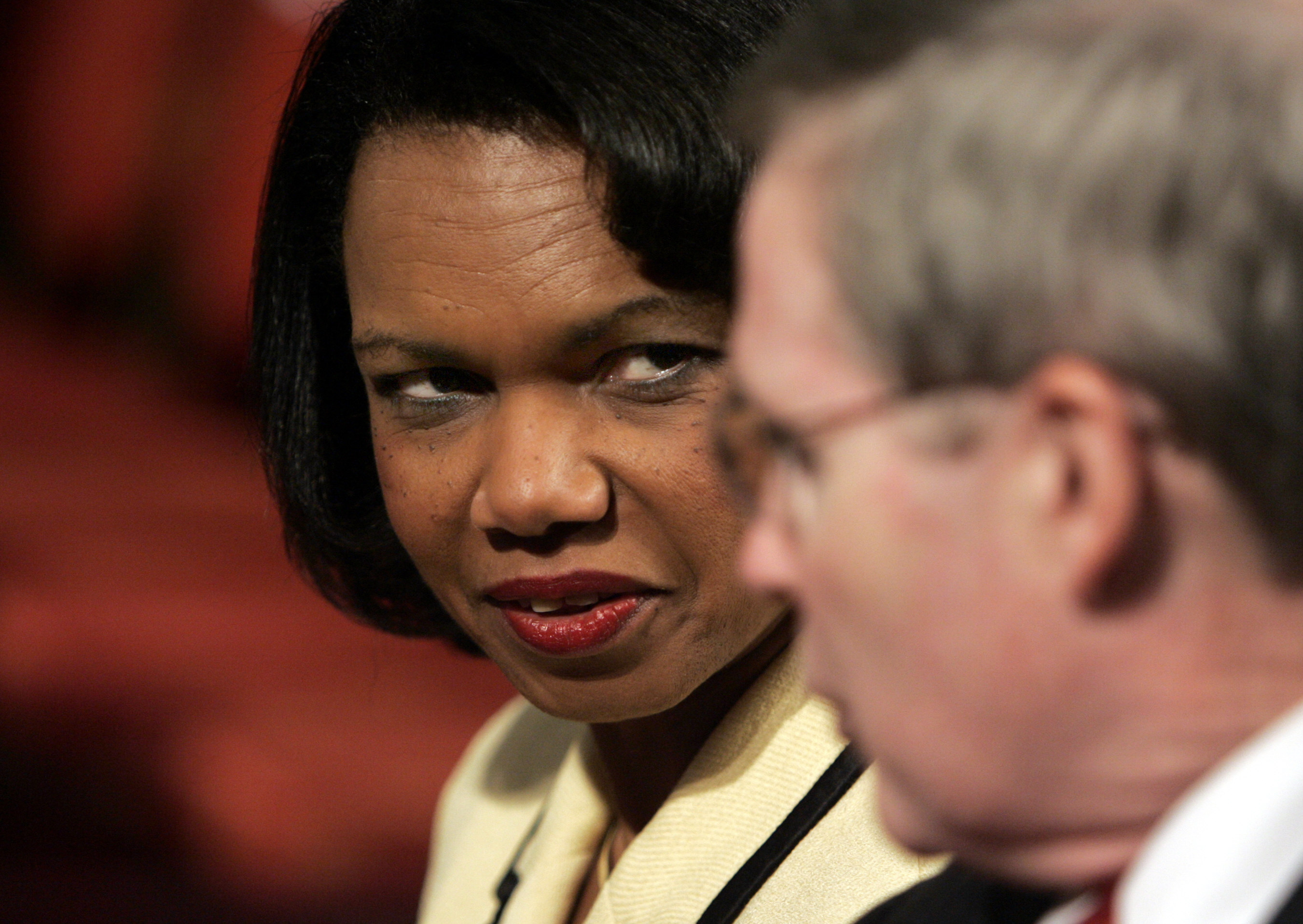 Former US Secretary of State Condoleezza Rice, left speaking to US national...