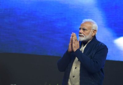 Indian Prime Minister Narinder Modi gestures during an inauguration event for several developmental projects in a major push for education and healthcare in the state, in Srinagar, Feb. 3. (Tauseef Mustafa/AFP/Getty Images)
