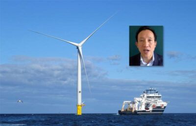 (Above): File photo of  Turbines at The Blyth Offshore Demonstrator Wind Farm built by EDF Energy Renewables are seen off the coast of Blyth, north of Newcastle-upon-Tyne, in northeast England on October 5, 2017. (William Edwards/AFP/Getty Images) (Inset): Assemblymember David Chiu (D–San Francisco)