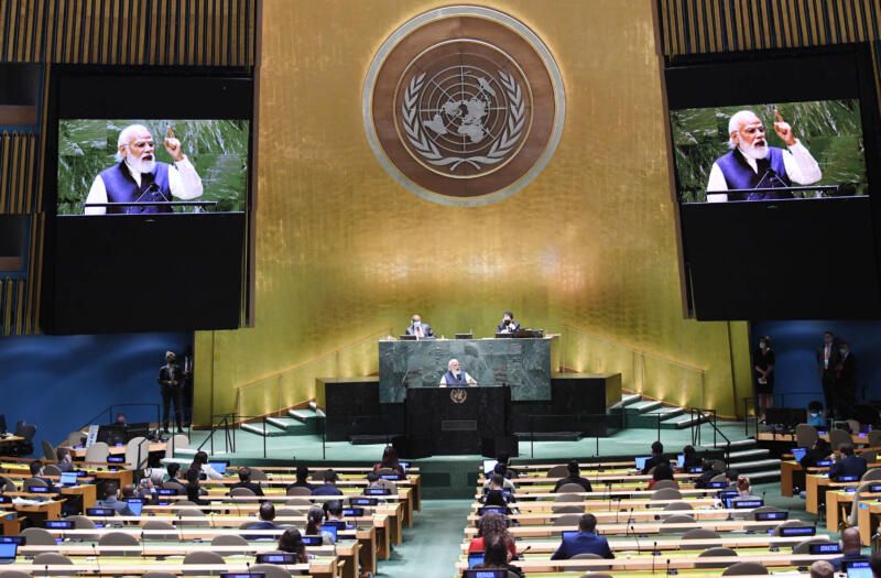 H20210925101493 (Ab0ve): Indian Prime Minister Narendra Modi at the United Nations General Assembly (UNGA), in New York, Sept. 25, 2021. (PIB)