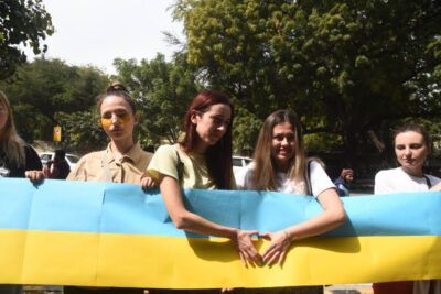 Ukrainians residing in Delhi protest in support of Ukraine, amid the ongoing Russia-Ukraine conflict, in New Delhi