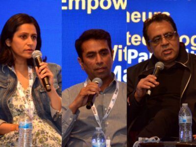 (L-r) Shruti Gandhi, Founder and Managing Partner of Array Ventures; Ankur Prakash, Partner at Liberty Global Ventures; and Gary Gauba, Founder and MD of The CXO Fund, present a keynote at the Evolv Kickoff B20 India Roadshow held in Palo Alto, Calif.