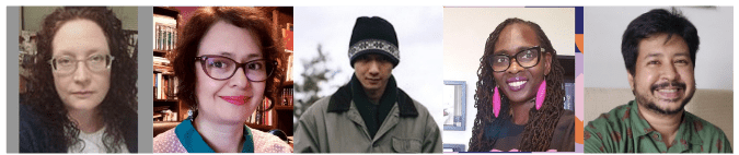 (L-r) Ericka A. Hoagland, Associate Professor & Coordinator of Graduate Studies, English & Creative Writing, Stephen F. Austin State University; Co-Author of Science Fiction, Imperialism, and the Third World; Libia Brenda, Writer, Editor, and Translator, based in Mexico City; Climate Imagination Fellow, Center for Science and the Imagination, Arizona State University; Ken Liu, American Author of speculative fiction; winner of the Nebula, Hugo, and World Fantasy awards; winner of top genre honors in Japan, Spain, and France; Isis Asare, CEO/Founder of Sistah Scifi, first Black-owned bookstore focused on science fiction & fantasy in the US, validated by the American Booksellers Association; Samit Basu, Indian Novelist and Filmmaker whose body of work includes science fiction, fantasy and superhero novels, children's books, graphic novels, short stories, and nonfiction.