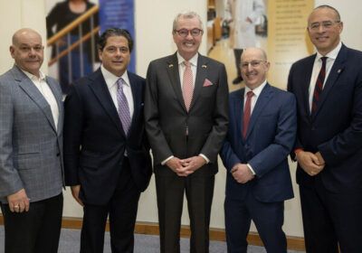 From Left to Right: Jack Morris, chair of Robert Wood Johnson University Hospital Board of Trustees; Mark E. Manigan President and CEO, RWJBarnabas Health; Governor Phil Murphy, State of New Jersey; Steven K. Libutti, MD, FACS Director, Rutgers Cancer Institute of New Jersey, Senior Vice President, Oncology Services, RWJBarnabas Health and Jonathan Holloway President, Rutgers University.