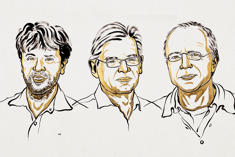 Page Lead 00 1 2 3 3 2 (Above): (L-r) Illustrations of Karl Deisseroth, Peter Hegemann, and Georg Nagel. (IMAGE: Niklas Elmehed/Nobel Prize Outreach)