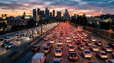 (Above): Commute hour traffic on 405 freeway in Los Angeles. (Adobe Firefly)
