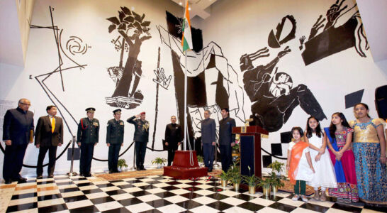Indian Ambassador to the UN Syed Akbaruddin after unfurling the Indian tri-color at the Republic Day reception at Permanent Mission of India in New York, Jan. 26. (Press Trust of India) page-2017-india-republic-day-02