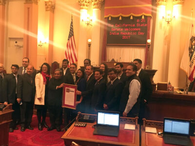 Senator Tony Mendoza presenting a Resolution to Consul General Ambassador Venkatesan Ashok at California State Senate on the occasion of India’s 68th Republic Day celebrations. (Indian Consulate San Francisco) page-2017-india-republic-day-03