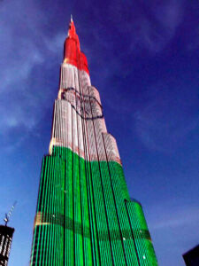 World's tallest building Burj Khalifa lit up in Indian tri-colors to celebrate India's 68th Republic Day, in Dubai, Jan. 25. (PTI /Twitter) page-2017-india-republic-day-04