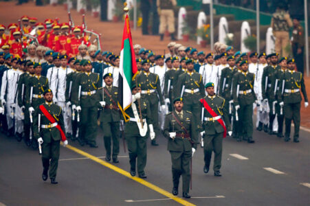 military contingent of the United Arab Emirates leads the march past at the Rajpath during the 68th Republic Day Parade in New Delhi, Jan. 26. (Kamal Singh/PTI) page-2017-india-republic-day-19