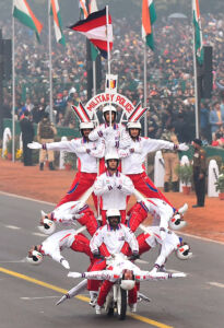 Military police daredevils display stunt on motorcycles. (Kamal Singh/PTI) page-2017-india-republic-day-22
