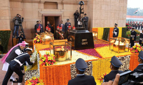 Prime Minister Narendra Modi paying homage at the Amar Jawan Jyoti in New Delhi, Jan. 26. (Press Trust of India) page-2017-india-republic-day-34