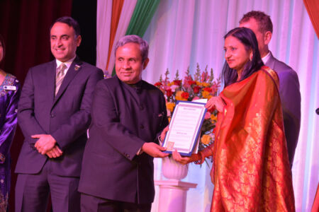 Consul General of India, San Francisco, Ambassador Venkatesan Ashok (2nd from L) receives one of the many proclamations marking India’s Republic Day from Cupertino Mayor Savita Vaidhyanathan (r), at a reception at the India Community Center in Milpitas, Calif., Jan. 26. Also see to his left is San Jose Councilmember Ash Kalra. The SF Bay Area Indian American community held many events to mark the 68th. Republic Day. (Amar D. Gupta/Siliconeer) page-2017-india-republic-day-68