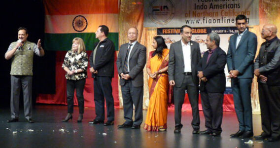 Dr. Romesh Japra (l) greeting dignitaries at the FOG/FIA Republic Day Celebrations in Santa Clara, Calif., Jan. 28. (Vasudha Badri-Paul) page-2017-india-republic-day-78