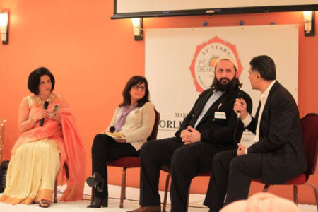 Panel discussing peace, celebration and diversity. (L-r): Ritu Marwah, author; Diane Fisher, director, JCRC, Jewish Federation of Silicon Valley; Abobaker Mojadidi, founder, LEAD; Ashwani Dhall, former chairman of the board, Art of Living Foundation. page-aol-wcf-03