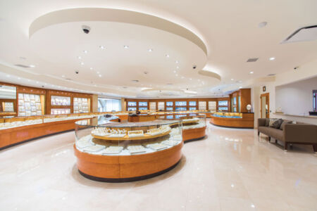 The elaborate display of one of the best collections of exquisite jewelry at Bhindi’s Artesia, Calif. showroom. page-bhindi-21