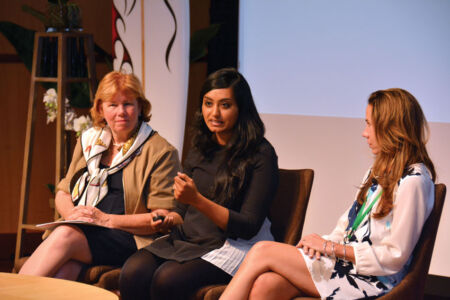 At the afternoon session on lessons learned in building a business in longevity economy are (l-r): Mary Furlong of Mary Furlong & Associates, Dr. Ambika Bumb of Bikanta Corporation and Natasha Ashton of Petplan Insurance. (Amar D. Gupta | Siliconeer) page-boomers-09-mary-ambika-dsc_9509