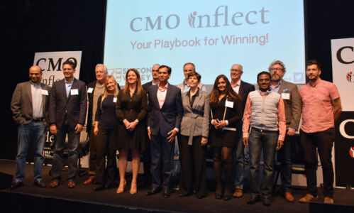 Speakers and TiE volunteers with Manish Gupta, Conference Chair (c), at the CMO Inflect Conference, in Mountain View, Calif., Sept. 21. page-cmo-inflect-22