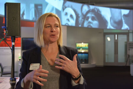 Kirsten Tashev, VP of Collections & Exhibition, Computer History Museum explains the MP3 exhibit. (Amar D. Gupta/Siliconeer) page-computer-06