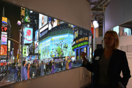 Kirsten Tashev talks about the large wall poster in Photoshop gallery, famed artist Bert Monroy artwork Times Square is 22 feet long and 4 feet high and was created over four years. It contains over 750,000 layers in Photoshop and depicts Times Square with dozens of digital imaging artists and pioneers, including Photoshop creators John and Thomas Knoll, as well as some of Monroy’s family and friends. page-computer-09