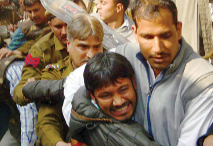 JNUSU President Kanhaiya Kumar, arrested on charges of sedition, being produced at Patiala House Courts in New Delhi, Feb. 17. He was granted interim bail Mar. 2. (Press Trust of India) page-cover-jnu-01