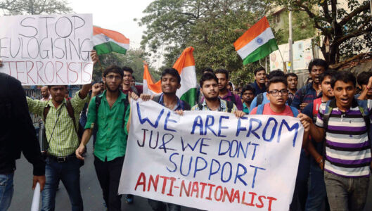 Students from various organizations during their march from Mandi House to Jantar Mantar in solidarity with the JNUSU President Kanhaiya Kumar, in New Delhi, Feb. 18. (Kamal Singh | PTI) page-cover-jnu-04