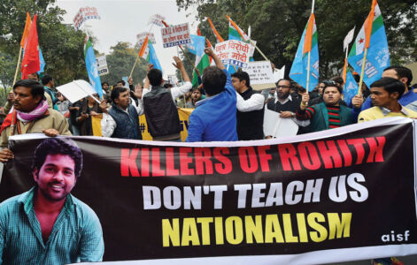 Students from various organizations shout slogans during their march from Mandi House to Jantar Mantar in solidarity with the JNUSU President Kanhaiya Kumar, in New Delhi, Feb. 18. (Kamal Singh | PTI) page-cover-jnu-07
