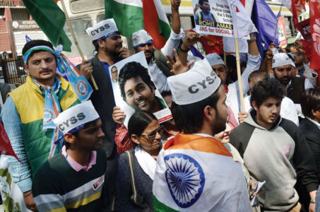 Students protest over Rohith Vemula's suicide, at Jantar Mantar in New Delhi, Feb. 23. (Atul Yadav | PTI) page-cover-jnu-09