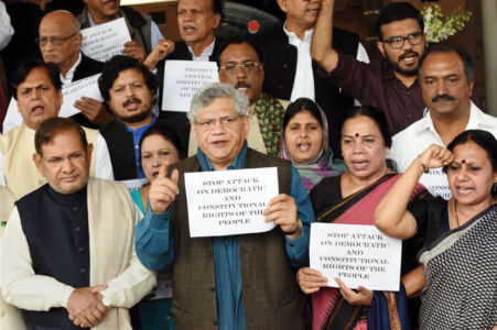 Leaders of Left parties and JD(U) protesting at Parliament against the JNU issue during the ongoing Budget session in New Delhi, Feb. 24. (Subhav Shukla | PTI) page-cover-jnu-13