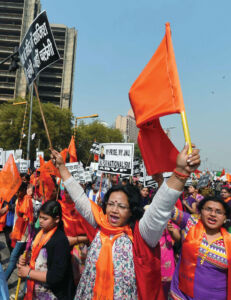 Students of the Akhil Bharatiya Vidyarthi Parishad (ABVP) during a protest march from Ramlila Ground to Jantar Mantar over the JNU issue, in New Delhi, Feb. 24. (Shahbaz Khan | PTI) page-cover-jnu-16