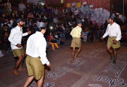 Artists from Sangwari Theater Group perform at JNU campus in New Delhi, Feb. 25. (Kamal Singh | PTI) page-cover-jnu-19