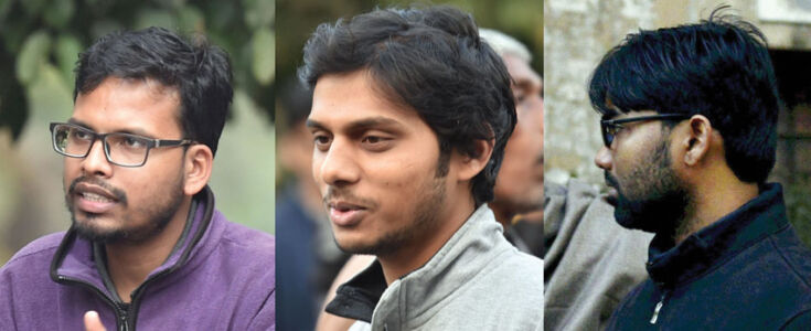 (L-r): JNU students Anant Prakash, Rama Naga and Ashutosh Kumar who are facing charges of sedition, at the JNU campus in New Delhi, Feb. 25. (Kamal Singh | PTI) page-cover-jnu-20