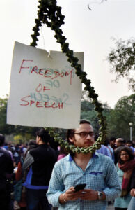 A "Freedom of Speech" placard is hanged by the students who are agitating for the release of JNUSU President Kanhaiya Kumar and other students charged with sedition, on Jawahar Lal Nehru University campus in New Delhi, Feb. 27. (Kamal Kishore | PTI) page-cover-jnu-22