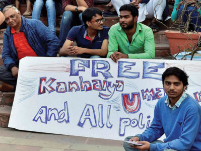 Rama Naga, one of the students charged with sedition with students agitating for the release of JNUSU President Kanhaiya Kumar and other students charged with sedition, on Jawahar Lal Nehru University campus in New Delhi, Feb. 27. (Kamal Kishore | PTI) page-cover-jnu-23
