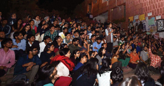 JNU students celebrate after Delhi High Court granted bail to JNUSU president Kanhaiya Kumar, at the JNU campus in New Delhi, Mar. 2. (Kamal Singh | PTI) page-cover-jnu-25