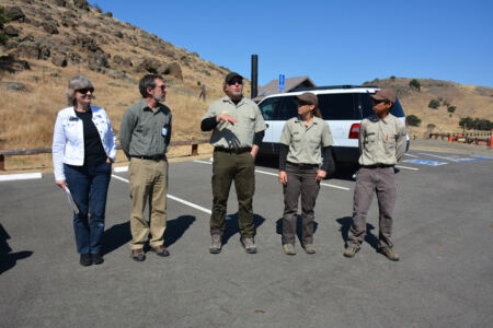 Park Rangers and Santa Clara County Open Space Authority officials explain about the preserve to a group of journalists at a special media preview of the preserve. page-coyote-valley-03