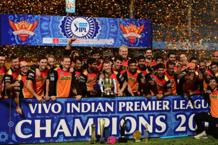 Sunrisers Hyderabad players celebrate with the winning trophy of IPL 2016 after beating Royal Challengers Bangalore in the final match at Chinnaswamy Stadium in Bengaluru, May 29. (Shailendra Bhojak | PTI) page-cricket-ipl9-10