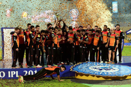 Sunrisers Hyderabad players celebrate with the winning trophy of IPL 2016 after beating Royal Challengers Bangalore in the final match at Chinnaswamy Stadium in Bengaluru, May 29. (Shailendra Bhojak | PTI) page-cricket-ipl9-12