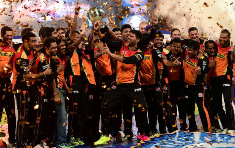 Sunrisers Hyderabad players celebrate with the winning trophy of IPL 2016 after beating Royal Challengers Bangalore in the final match at Chinnaswamy Stadium in Bengaluru, May 29. (Shailendra Bhojak | PTI) page-cricket-ipl9-13