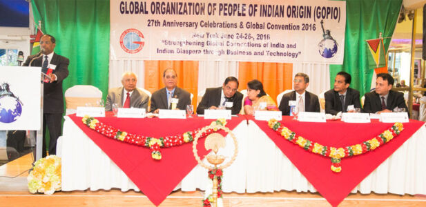 GOPIO Chairman Dr. Thomas Abraham welcoming guests at the inaugural dinner. (L-r): Dr. Thomas Abraham, GOPIO V.P. Ram Gadhavi, Convention Convener Lal Motwani, Guyana Prime Minister Moses Nagamootoo, Consul General of India Ambassador Riva Ganguly Das, GOPIO President Niraj Baxi, GOPIO Exec. V.P. Noel Lal and GOPIO Intl. Coordinator Dr. Rajeev Mehta. page-gopio-02