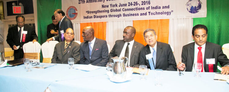 Former West Indies cricket skipper Vivian Richards at the Finale Banquet. (L-r): GOPIO Chairman Dr. Thomas Abraham, Bharat Goradia, TV Asia Chairman and GOPIO Advisor H.R. Shah, Convention Convener Lal Motwani, Cricketer Sir Vivian Alexander Richards, Antigua & Barmuda Minister E.P. Chet Greene, GOPIO President Niraj Baxi and GOPIO Exec. VP Noel Lal. page-gopio-04