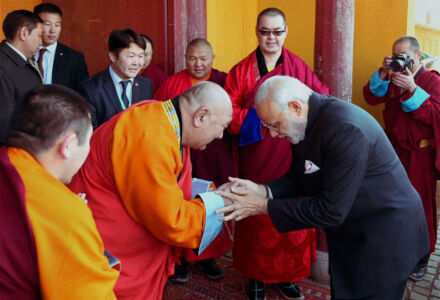 Prime Minster Narendra Modi with Hamba Lama (Chief Abbott) during a visit to the Gandan Monastery in Ulan Bator, Mongolia, May 16. (Shahbaz Khan | PTI) page-may21-modi-16-mongolia